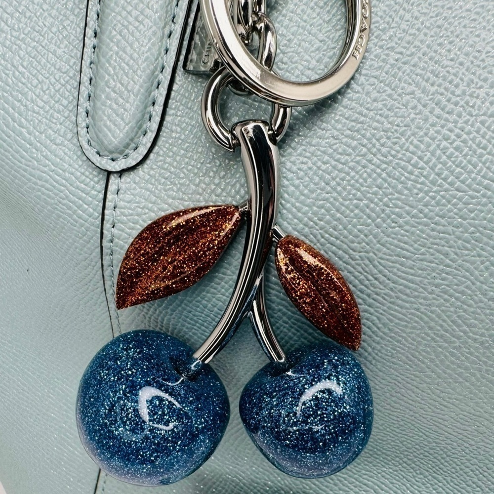COACH RARE RESIN BLUE CHERRY BAG CHARM FOB F58516 SILVER/CORNFLOWER KEYCHAIN - Picture 3 of 6
